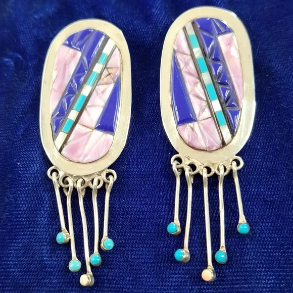 Vintage Native American Multi Stone On Sterling Silver Dangle Earrings Post - Picture 5 of 16
